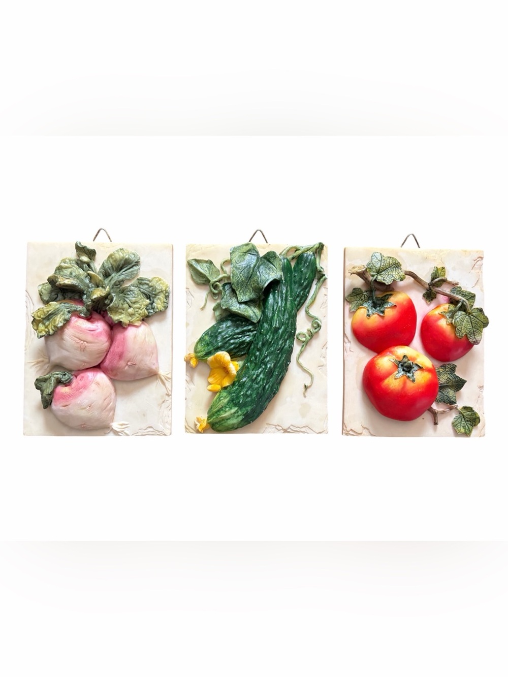 Ceramic Garden Vegetable Kitchen Wall Decor Set of 3 Turnips Cucumbers Tomatoes